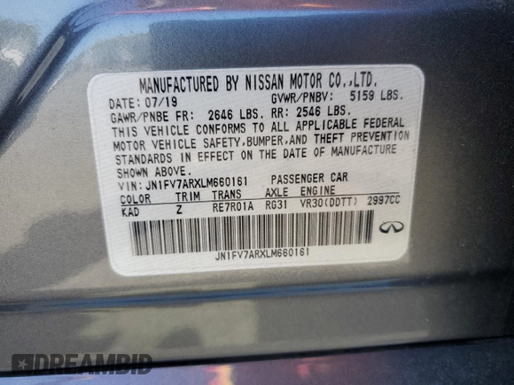 2020 Infiniti Q50 Red Sport 400 with VIN JN1FV7ARXLM660161, listed as a Copart auction lot 54141115 with 78,476 mi miles and Salvage title. Bid and sale history available at DreamBid. Image 12.