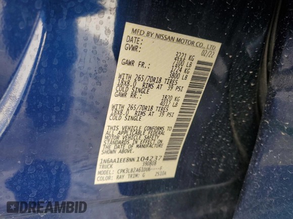 2022 Nissan Titan S с VIN 1N6AA1EE8NN104237, выставлен на аукционе Copart как лот 49320935 с пробегом 50 081 миль миль и Списание • Salvage title. История ставок и продаж доступна на DreamBid. Изображение 13.