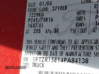 2004 Ford Ranger XL Fleet z VIN 1FTZR15E14PA84138, wystawiony jako IAAI lot #42578495 z przebiegiem Nie podano mil oraz . Historia ofert i sprzedaży dostępna na DreamBid. Obrazek 9.