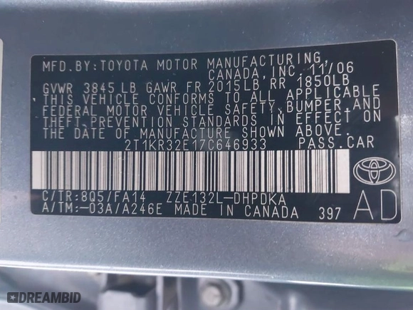 2007 Toyota Matrix STD with VIN 2T1KR32E17C646933, listed as a IAAI auction lot 40791935 with 167,216 mi miles. Bid and sale history available at carsss.com. Image 9.