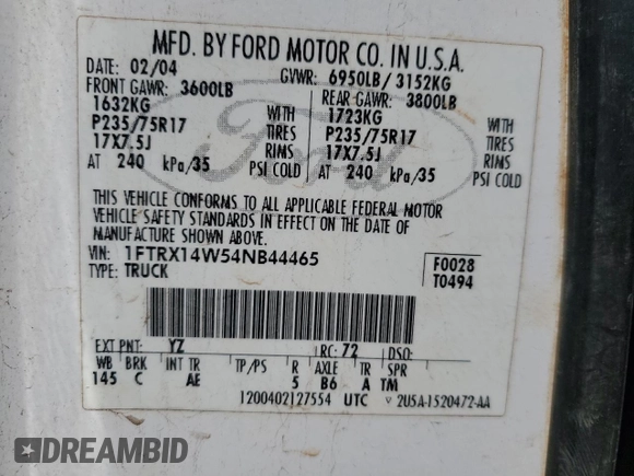 2004 Ford F-150 STX with VIN 1FTRX14W54NB44465, listed as a Copart auction lot 48588675 with 114,330 mi miles and Clean title. Bid and sale history available at DreamBid. Image 11.
