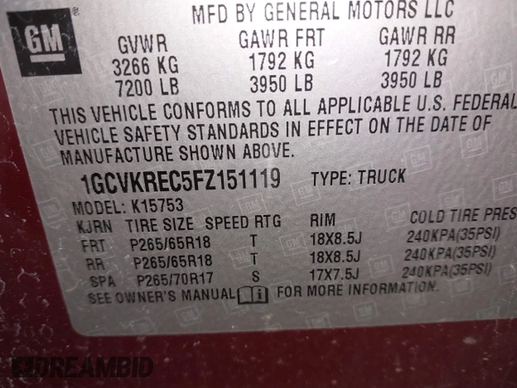 2015 Chevrolet Silverado 1500 LT with VIN 1GCVKREC5FZ151119, listed as a IAAI auction lot 41904778 with 122,209 mi miles and . Bid and sale history available at DreamBid. Image 9.