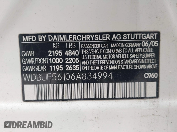 2006 Mercedes-Benz E 350 with VIN WDBUF56J06A834994, listed as a IAAI auction lot 42475214 with Not provided miles and . Bid and sale history available at DreamBid. Image 9.