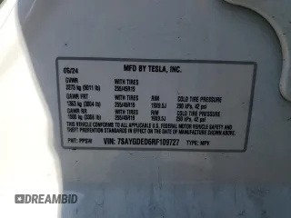 2024 Tesla Model Y с VIN 7SAYGDED6RF109727, выставлен на аукционе Copart как лот 59038725 с пробегом 14 948 миль миль и Списание • Salvage title. История ставок и продаж доступна на DreamBid. Изображение 12.