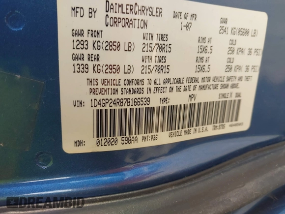 2007 Dodge Grand Caravan SE with VIN 1D4GP24R87B166539, listed as a IAAI auction lot 41462544 with Not Provided miles and . Bid and sale history available at DreamBid. Image 9.