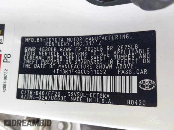 2012 Toyota Camry SE with VIN 4T1BK1FKXCU511032, listed as a IAAI auction lot 41715825 with 202,674 mi miles. Bid and sale history available at carsss.com. Image 9.