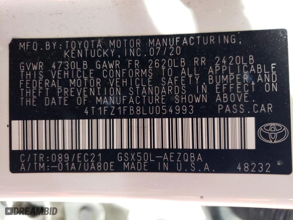 2020 Toyota Avalon XSE with VIN 4T1FZ1FB8LU054993, listed as a Copart auction lot 85588254 with 96,707 mi miles and Salvage Title. Bid and sale history available at carsss.com. Image 12.