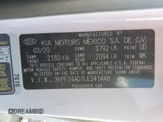 2020 Kia Forte LXS with VIN 3KPF24AD7LE241448, listed as a Copart auction lot 50063605 with 60,470 mi miles and Salvage Title. Bid and sale history available at carsss.com. Image 15.