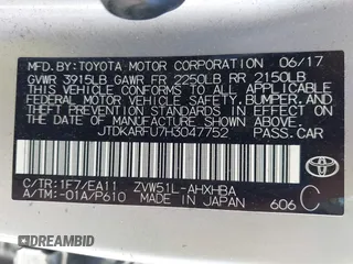 2017 Toyota Prius Two with VIN JTDKARFU7H3047752, listed as a IAAI auction lot 41706089 with 45,391 mi miles. Bid and sale history available at carsss.com. Image 9.