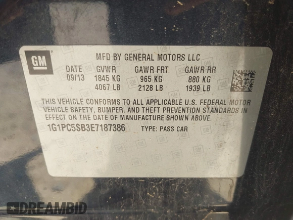 2014 Chevrolet Cruze 1LT with VIN 1G1PC5SB3E7187386, listed as a IAAI auction lot 42570385 with Not provided miles and . Bid and sale history available at DreamBid. Image 9.