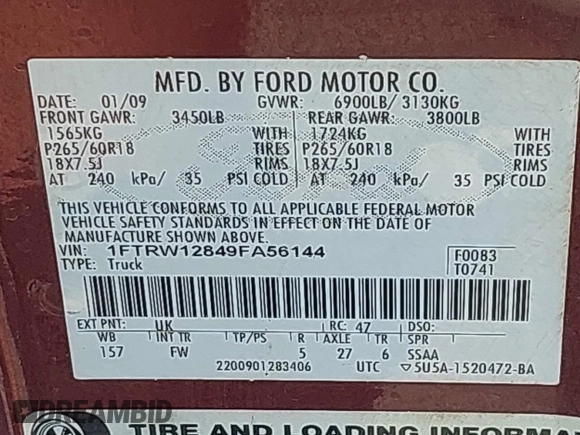 2009 Ford F-150 XL with VIN 1FTRW12849FA56144, listed as a IAAI auction lot 42563850 with 132,232 mi miles and . Bid and sale history available at DreamBid. Image 9.