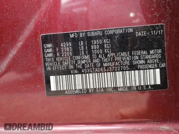 2018 Subaru Impreza Premium with VIN 4S3GTAD65J3722705, listed as a Copart auction lot 58803485 with 116,047 mi miles and Salvage title. Bid and sale history available at DreamBid. Image 12.