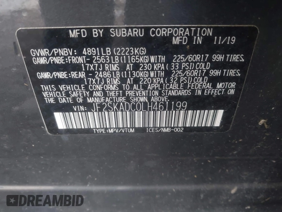 2020 Subaru Forester with VIN JF2SKADC0LH461199, listed as a IAAI auction lot 42721677 with 83,812 mi miles and . Bid and sale history available at DreamBid. Image 9.