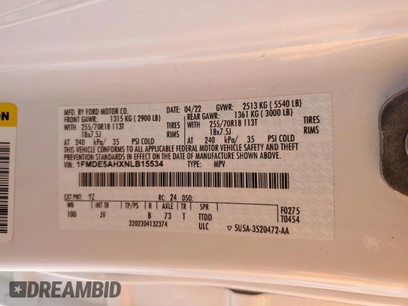 2022 Ford Bronco z VIN 1FMDE5AHXNLB15534, wystawiony jako Copart lot #55358795 z przebiegiem 45 730 mil mil oraz Szkoda całkowita • Salvage title. Historia ofert i sprzedaży dostępna na DreamBid. Obrazek 13.