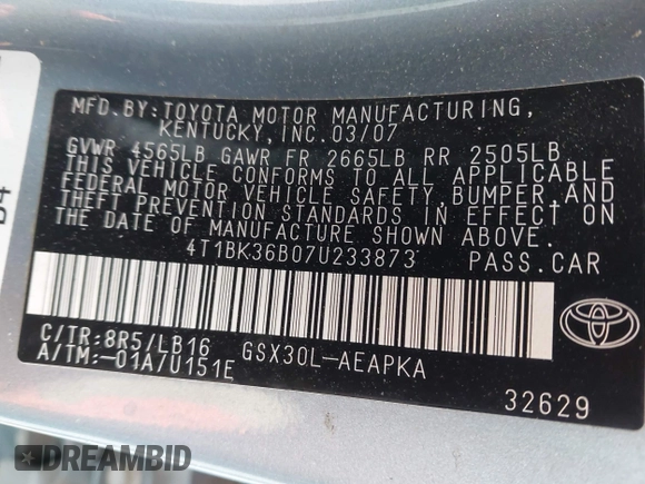 2007 Toyota Avalon XL with VIN 4T1BK36B07U233873, listed as a IAAI auction lot 42042179 with 58,612 mi miles. Bid and sale history available at carsss.com. Image 9.