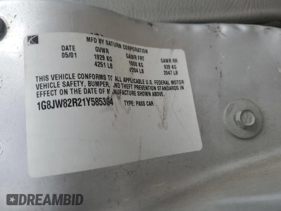 2001 Saturn LW z VIN 1G8JW82R21Y585304, wystawiony jako Copart lot #42623845 z przebiegiem 204 341 mil mil oraz Szkoda całkowita • Salvage title. Historia ofert i sprzedaży dostępna na DreamBid. Obrazek 15.