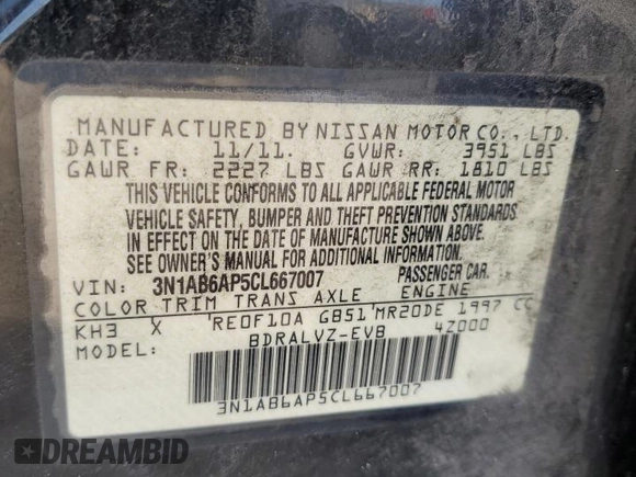 2012 Nissan Sentra 2.0 z VIN 3N1AB6AP5CL667007, wystawiony jako Copart lot #54374245 z przebiegiem 180 102 mil mil oraz Nie do naprawy • Non repairable. Historia ofert i sprzedaży dostępna na DreamBid. Obrazek 12.