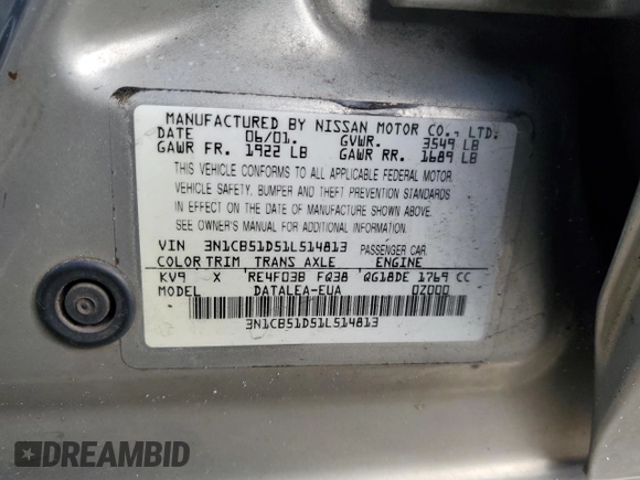 2001 Nissan Sentra GXE z VIN 3N1CB51D51L514813, wystawiony jako Copart lot #49574495 z przebiegiem 93 849 mil mil oraz Szkoda całkowita • Salvage title. Historia ofert i sprzedaży dostępna na DreamBid. Obrazek 14.