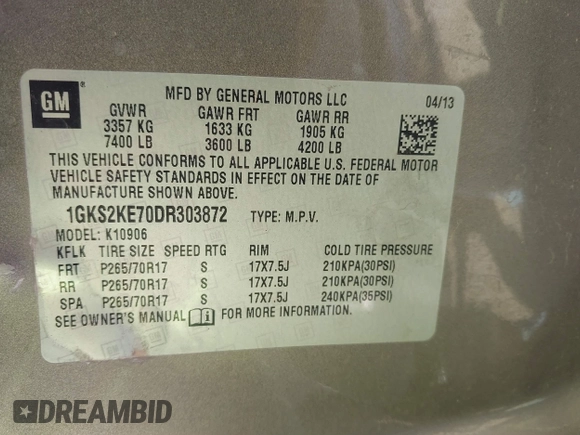 2013 GMC Yukon XL SLT z VIN 1GKS2KE70DR303872, wystawiony jako IAAI lot #41659911 z przebiegiem 199 202 mil mil oraz . Historia ofert i sprzedaży dostępna na DreamBid. Obrazek 9.