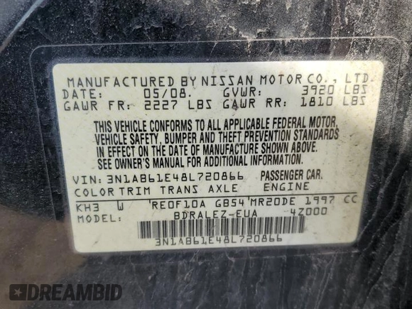2008 Nissan Sentra S with VIN 3N1AB61E48L720866, listed as a Copart auction lot 55449045 with 147,531 mi miles and Salvage title. Bid and sale history available at DreamBid. Image 12.