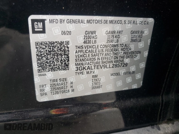 2020 GMC Terrain SLE with VIN 3GKALTEV9LL285729, listed as a Copart auction lot 60807035 with 50,143 mi miles and Salvage title. Bid and sale history available at DreamBid. Image 14.