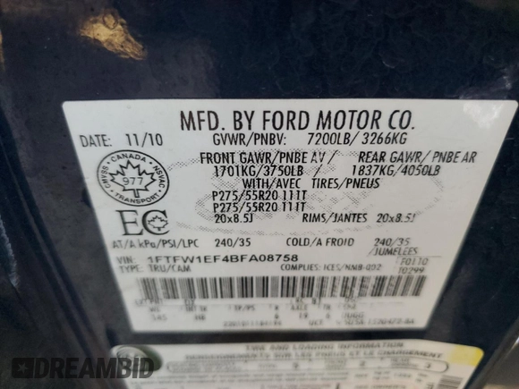 2011 Ford F-150 XL with VIN 1FTFW1EF4BFA08758, listed as a Copart auction lot 42638195 with 255,411 mi miles and Clean Title. Bid and sale history available at carsss.com. Image 12.