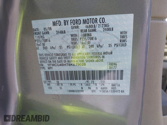 2008 Ford Escape Hybrid with VIN 1FMCU49H78KE79028, listed as a IAAI auction lot 42142396 with 131,642 mi miles and . Bid and sale history available at DreamBid. Image 9.