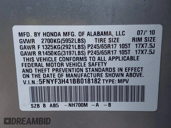 2011 Honda Pilot EX with VIN 5FNYF3H41BB018182, listed as a IAAI auction lot 42000601 with 152,912 mi miles and . Bid and sale history available at carsss.com. Image 9.