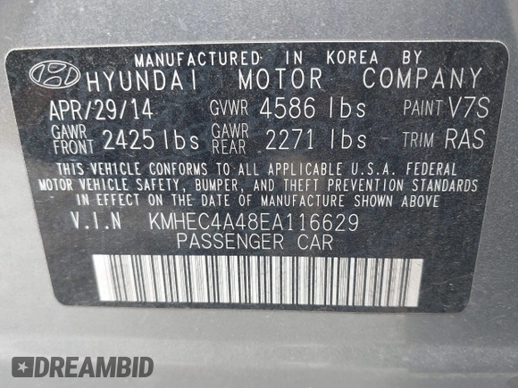 2014 Hyundai Sonata Limited with VIN KMHEC4A48EA116629, listed as a IAAI auction lot 42070212 with 95,295 mi miles and . Bid and sale history available at carsss.com. Image 9.