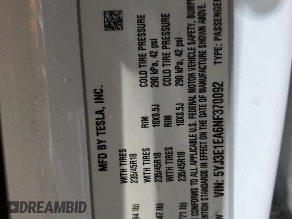 2022 Tesla Model 3 with VIN 5YJ3E1EA6NF370092, listed as a Copart auction lot 54396245 with 98,048 mi miles and Clean Title. Bid and sale history available at DreamBid. Image 13.