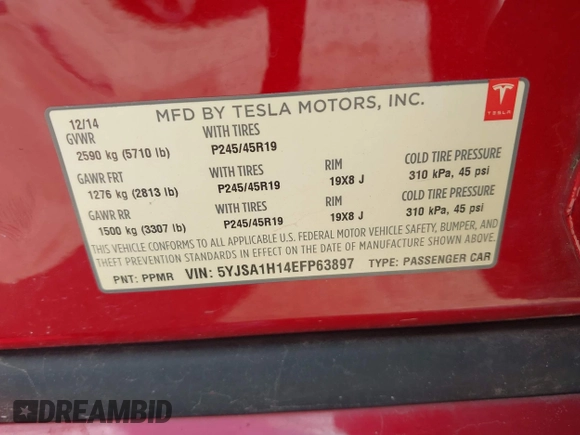 2014 Tesla Model S 60 with VIN 5YJSA1H14EFP63897, listed as a IAAI auction lot 42713272 with Not provided miles and . Bid and sale history available at DreamBid. Image 9.