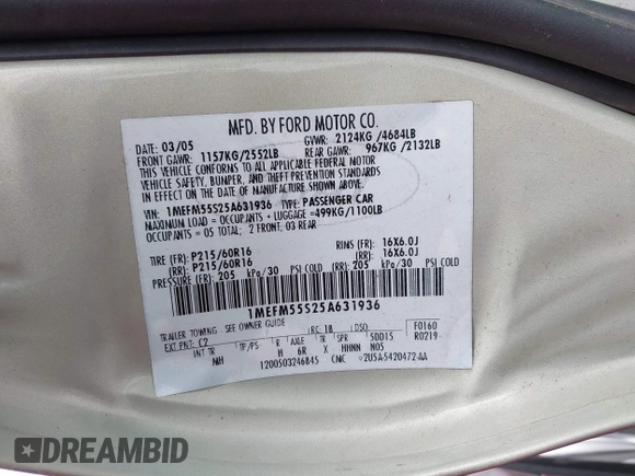 2005 Mercury Sable LS with VIN 1MEFM55S25A631936, listed as a IAAI auction lot 41523450 with 106,472 mi miles and . Bid and sale history available at DreamBid. Image 9.