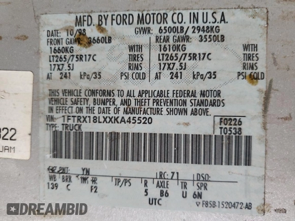 1999 Ford F-150 XL with VIN 1FTRX18LXXKA45520, listed as a Copart auction lot 45575825 with 0 mi miles and Salvage Title. Bid and sale history available at carsss.com. Image 12.