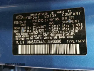 2018 Hyundai Tucson SEL with VIN KM8J3CA45JU698898, listed as a Copart auction lot 54228285 with Not provided miles and Salvage title. Bid and sale history available at DreamBid. Image 13.