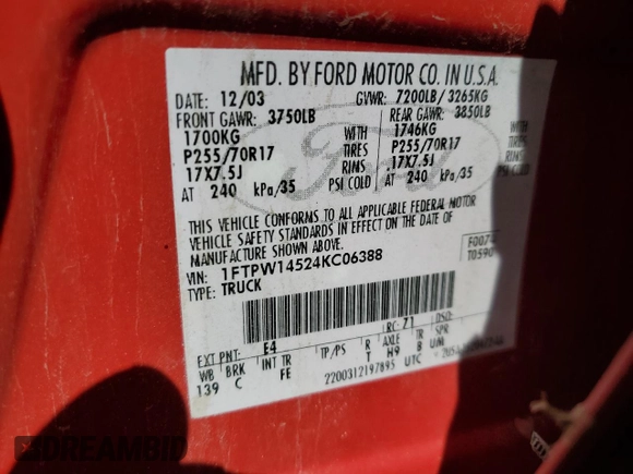 2004 Ford F-150 XLT with VIN 1FTPW14524KC06388, listed as a Copart auction lot 62964625 with 120,806 mi miles and Salvage title. Bid and sale history available at DreamBid. Image 12.