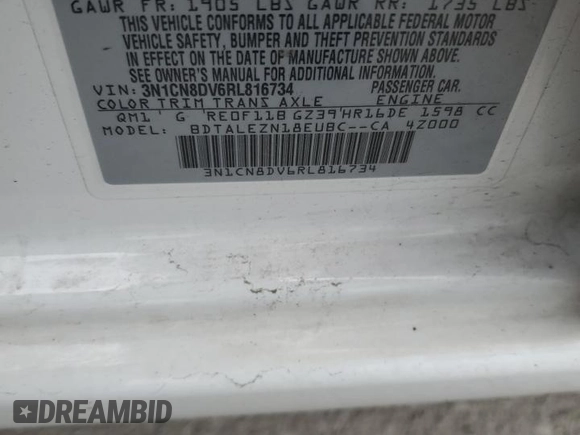 2024 Nissan Versa S with VIN 3N1CN8DV6RL816734, listed as a Copart auction lot 59006915 with 23,730 mi miles and Salvage title. Bid and sale history available at DreamBid. Image 12.