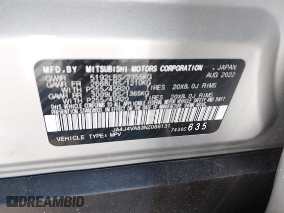 2022 Mitsubishi Outlander SEL z VIN JA4J4VA83NZ088131, wystawiony jako IAAI lot #41401945 z przebiegiem 15 617 mil mil oraz . Historia ofert i sprzedaży dostępna na DreamBid. Obrazek 9.
