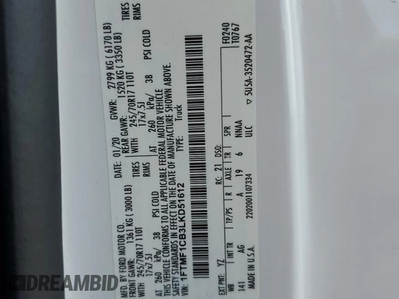 2020 Ford F-150 XL with VIN 1FTMF1CB3LKD51612, listed as a Copart auction lot 52724055 with 147,261 mi miles and Salvage title. Bid and sale history available at DreamBid. Image 12.