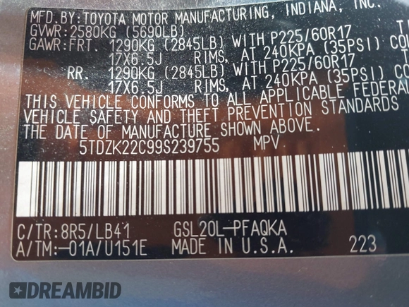 2009 Toyota Sienna XLE with VIN 5TDZK22C99S239755, listed as a IAAI auction lot 42096411 with 214,983 mi miles. Bid and sale history available at carsss.com. Image 9.