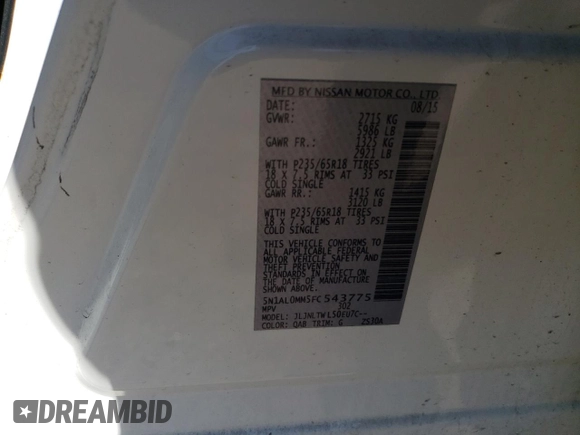 2015 Infiniti QX60 with VIN 5N1AL0MM5FC543775, listed as a Copart auction lot 54587625 with 122,778 mi miles and Salvage title. Bid and sale history available at DreamBid. Image 13.