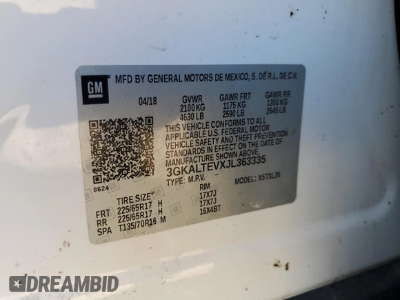 2018 GMC Terrain SLE with VIN 3GKALTEVXJL363335, listed as a Copart auction lot 49911575 with 100,628 mi miles and Salvage Title. Bid and sale history available at carsss.com. Image 15.