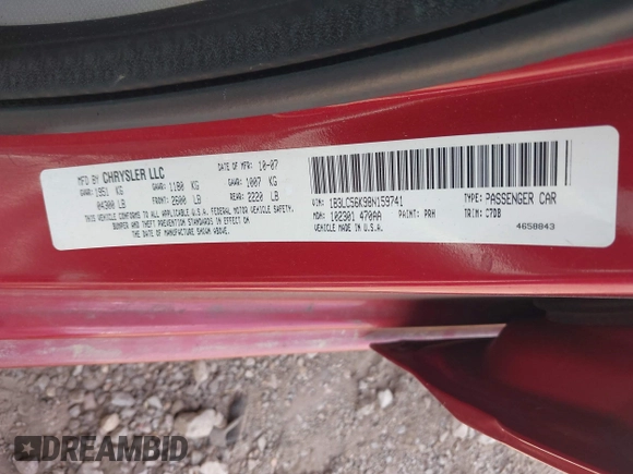 2008 Dodge Avenger SXT with VIN 1B3LC56K98N159741, listed as a IAAI auction lot 42667874 with 193,969 mi miles and . Bid and sale history available at DreamBid. Image 9.