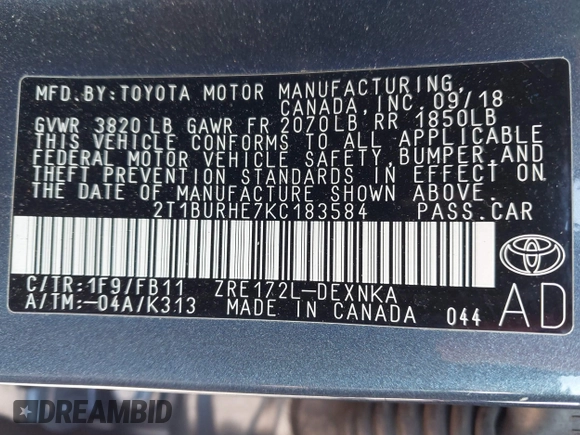 2019 Toyota Corolla L z VIN 2T1BURHE7KC183584, wystawiony jako IAAI lot #41908235 z przebiegiem 110 845 mil mil oraz . Historia ofert i sprzedaży dostępna na DreamBid. Obrazek 9.