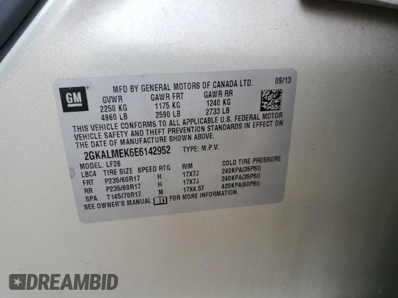 2014 GMC Terrain SLE with VIN 2GKALMEK6E6142952, listed as a Copart auction lot 46846995 with 103,716 mi miles and Salvage Title. Bid and sale history available at carsss.com. Image 13.