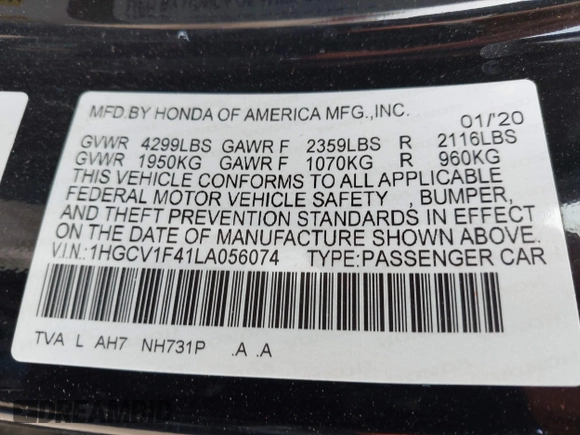 2020 Honda Accord EX with VIN 1HGCV1F41LA056074, listed as a IAAI auction lot 42123670 with 71,822 mi miles and . Bid and sale history available at DreamBid. Image 9.