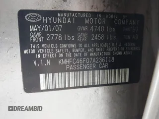 2007 Hyundai Azera SE with VIN KMHFC46F07A236118, listed as a IAAI auction lot 42717090 with 138,531 mi miles and . Bid and sale history available at DreamBid. Image 9.