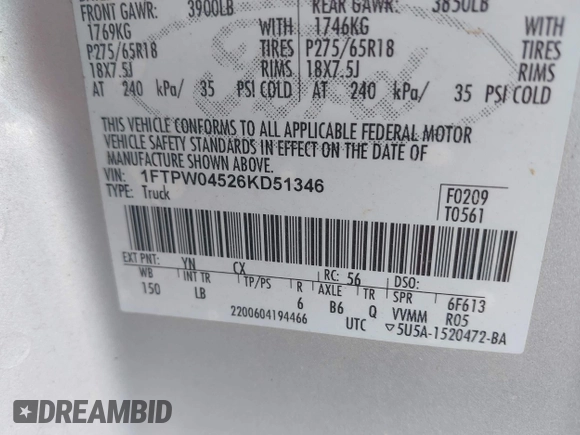 2006 Ford F-150 XLT with VIN 1FTPW04526KD51346, listed as a IAAI auction lot 42590964 with Not provided miles and . Bid and sale history available at DreamBid. Image 9.