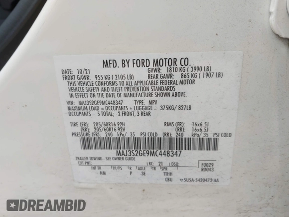 2021 Ford EcoSport SE with VIN MAJ3S2GE9MC448347, listed as a IAAI auction lot 42289292 with 39,874 mi miles and . Bid and sale history available at DreamBid. Image 9.