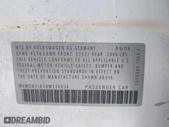 2008 Volkswagen Rabbit S with VIN WVWDB71K78W338038, listed as a IAAI auction lot 41779015 with 172,696 mi miles and . Bid and sale history available at DreamBid. Image 9.