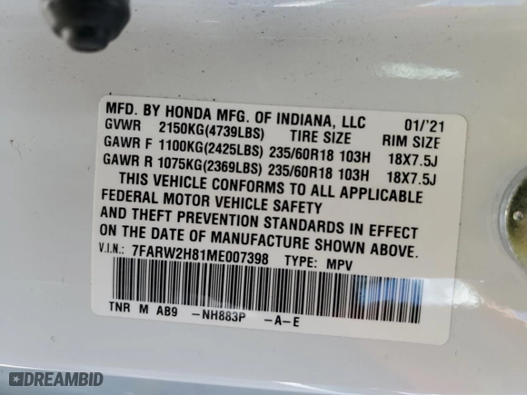 2021 Honda CR-V EX-L with VIN 7FARW2H81ME007398, listed as a Copart auction lot 49720184 with 37,315 mi miles and Salvage Title. Bid and sale history available at carsss.com. Image 13.